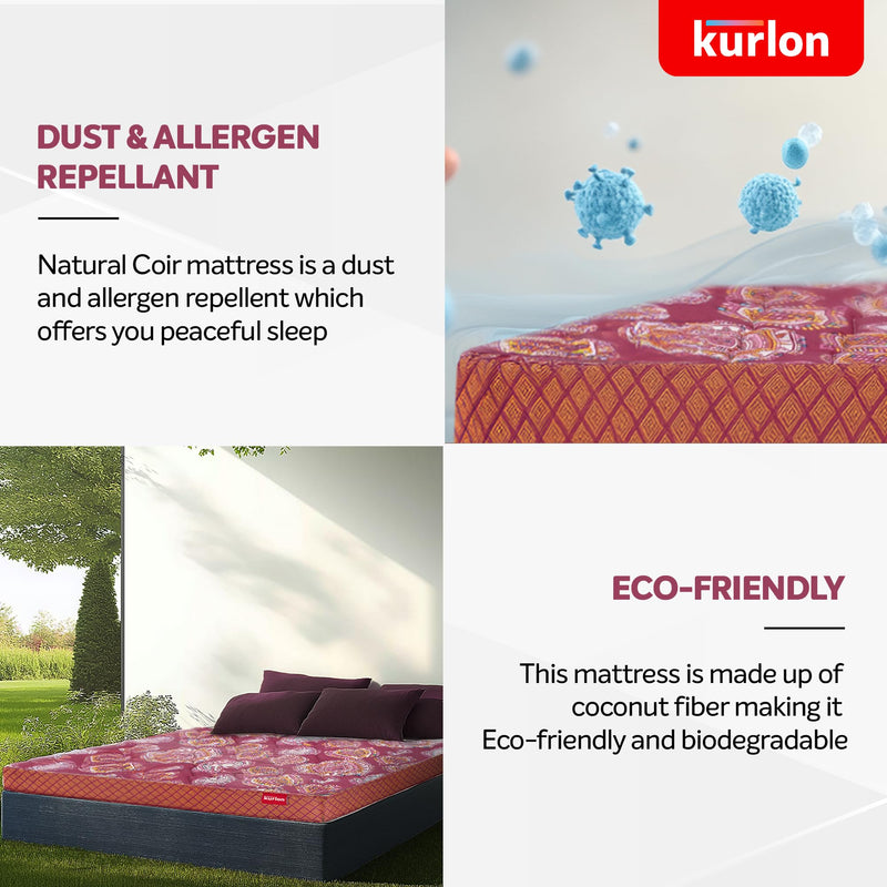 Kurlon Natural Coir Pad Mattress | Rubberized Coir | Breathable Fabric |Medium Firm Support| Natural Cooling | PU Foam Quilting | Premium Finish | Queen Size | 75x60x5 | 5 Yrs Warranty