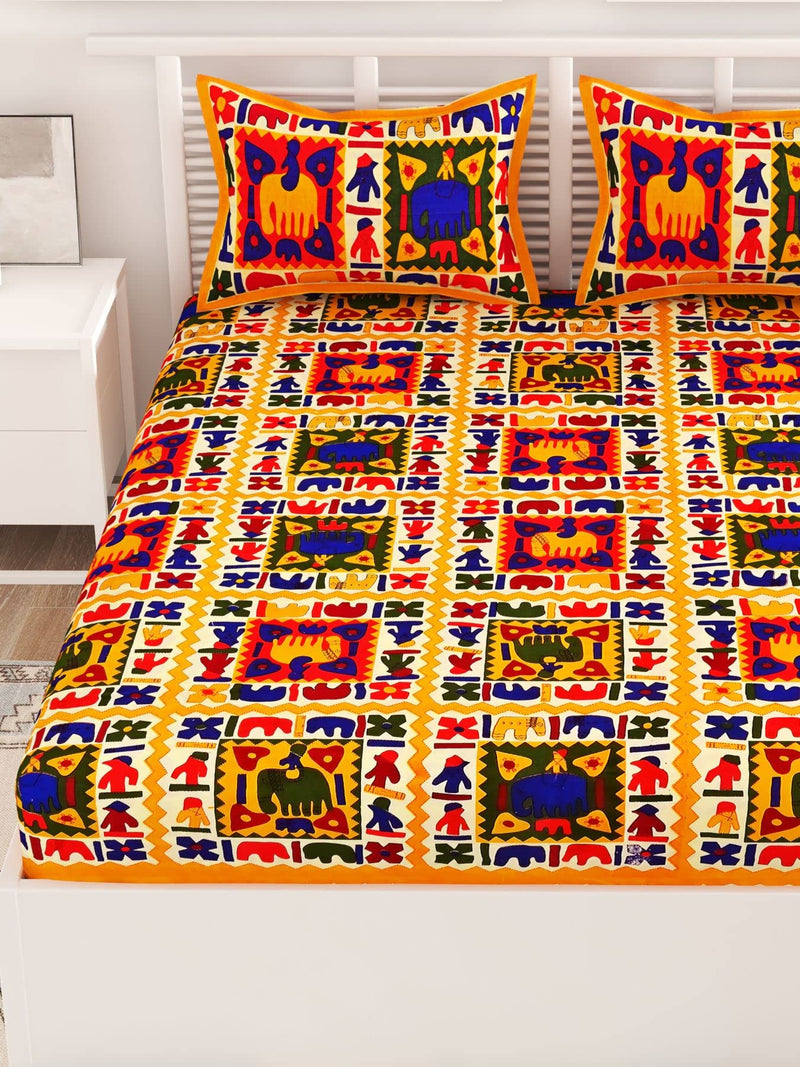 UniqChoice® Yellow Color Rajasthani Traditional Printed 120 TC 100% Cotton Double Bedsheet with 2 Pillow Cover