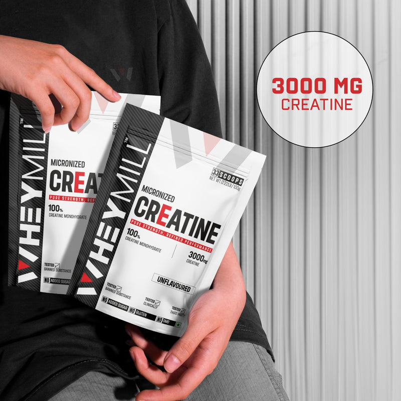 WHEYMILL Micronised Creatine Monohydrate | Lab Tested | Rapid Absorption | Fast Recovery | 100Gm, 33 Servings | Unflavoured, Powder