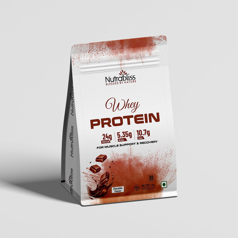 Nutrabliss Premium Pure Whey Protein Concentrated blended with digestive enzymes and probiotics | 100% tested and guaranteed Whey Protein - 24 Gram Protein per serving (Chocolate, 1 Kg)