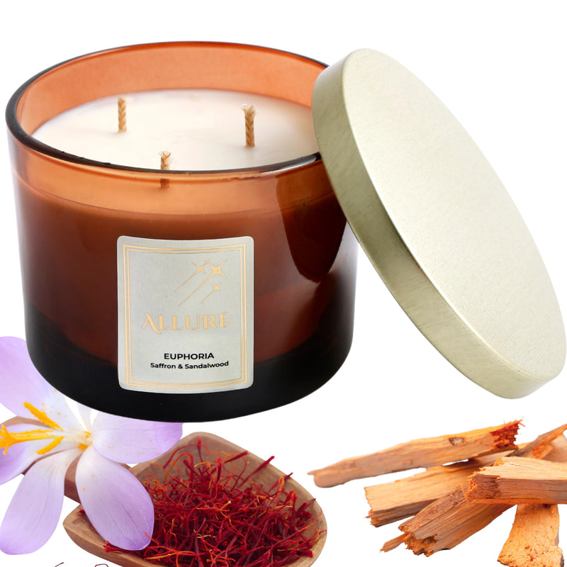 Allure Living Euphoria Luxury Saffron & Sandalwood Soy Candles Large 3 Wick Jar Candle | Up to 40 Hours Burning Time | Natural Soy Wax | Relaxing Aromatherapy Aesthetic Candle | Scented Candle