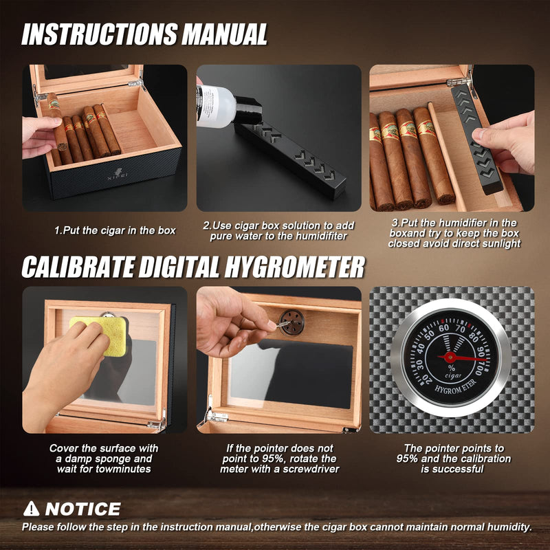 XIFEI Cigar Humidor, Glass Top carbon fiber texture top inlay Hygrometer,including Cigar humidifier, acrylic Cigar stand,Cigar ashtray and Humidor Solution, Holds 25-60 Cigars (9IN*7.5*2.8)