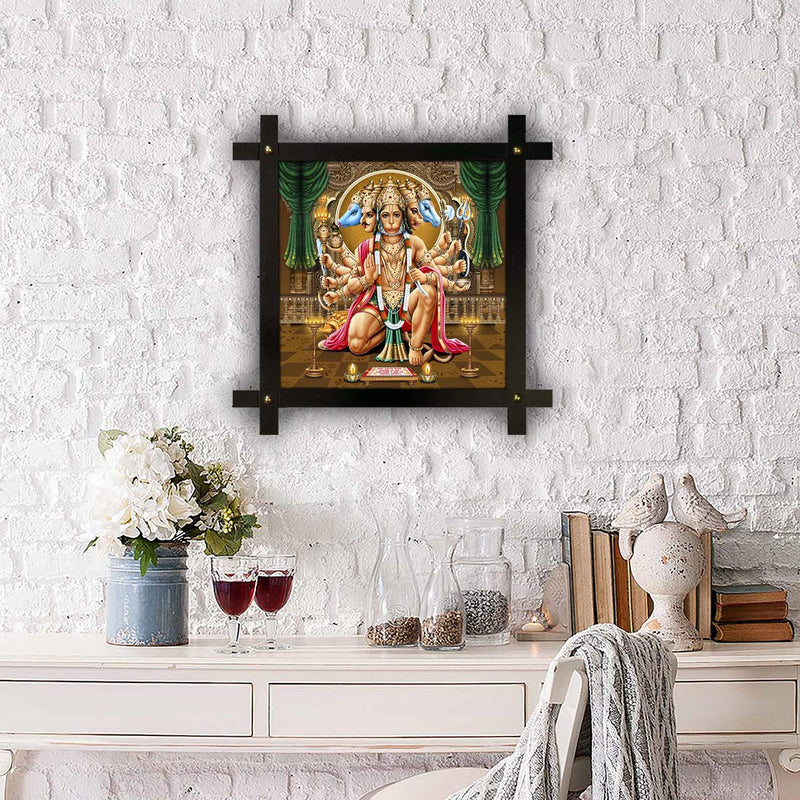 Poster n Frames Cross Wooden Frame Hand-Crafted with Photo of Panch mukhi Hanuman 20768-(16.5x16.5inch,Wood,Multicolour)