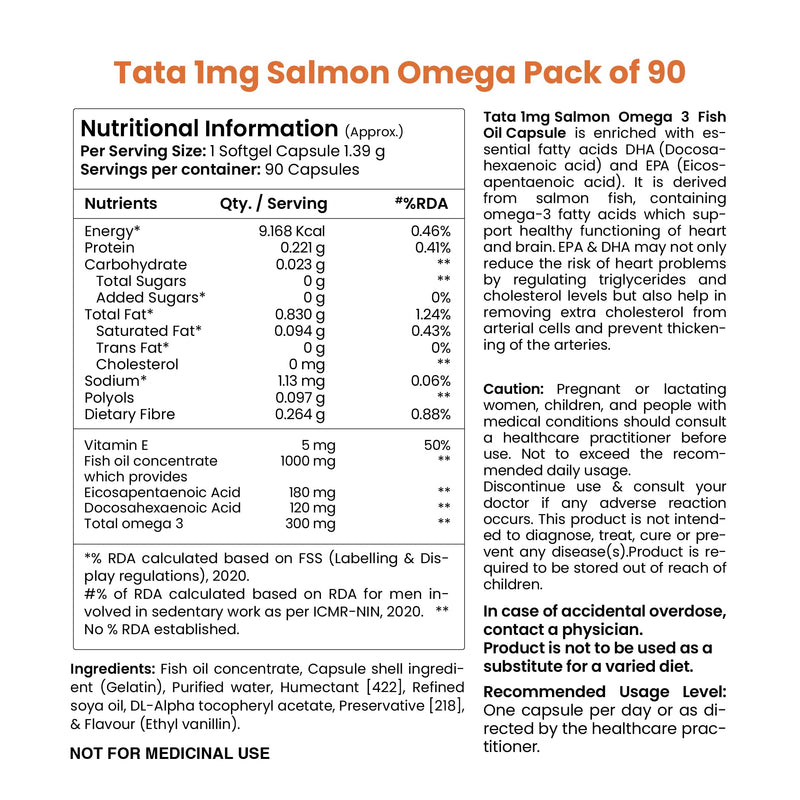 TATA 1mg Salmon Omega 3 Fish Oil 1000mg, Fish Oil Capsule with Omega-3 (1000mg), EPA (180mg) & DHA (120mg) for Brain, Heart, Joints Health (Pack Of 90 Capsules)