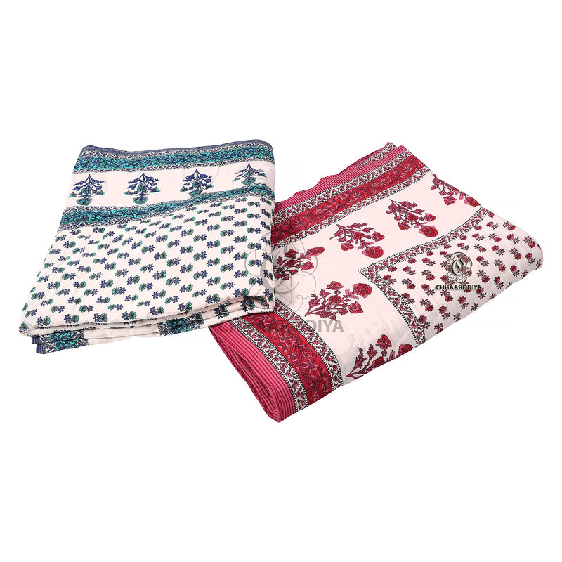 WORLDNEX 400 TC Jaipuri Light Weight Pure Cotton Traditional Rajasthani Print Single Bed Quilt/Razai/Rajai (Multicolor, Butti Print, Single Bed Set of 2)