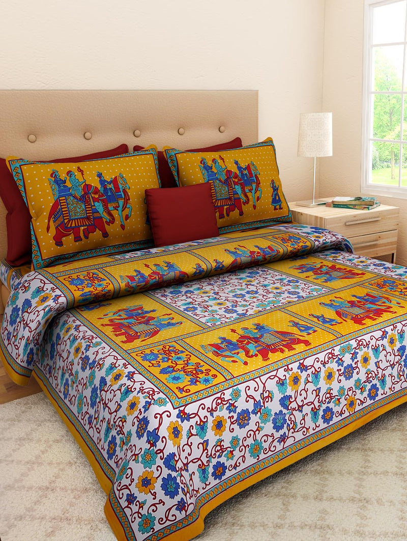 Suraaj Fashion 100% Cotton Printed King Size Double Bedsheets with 2 Pillow Covers - (Yellow_King)