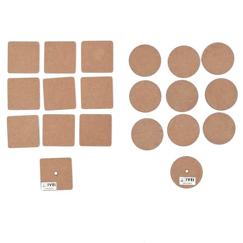 IVEI MDF Wooden Magnets - Square & Round Shaped - Plain MDF Fridge Magnet Blank Cutouts - Magnets for Painting, Wooden Sheet Craft Board for Resin Art & Fluid Art, Mandala Art, Pyrography - Set of 20