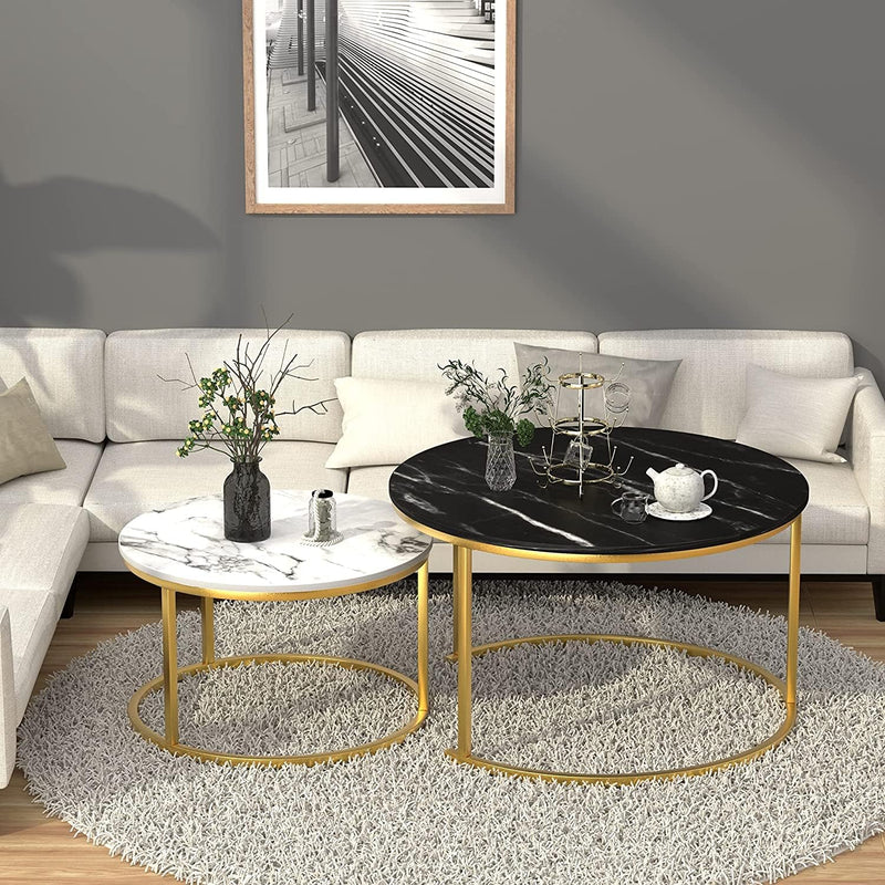 Zareen Mart Marble Nesting Golden Coffee Table 22In Large Set of 2, Metal Frame Circular and Round Wooden Tables 22in, Living Room Bedroom Apartment Modern Industrial Simple Nightstand
