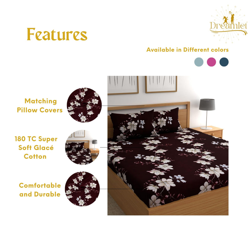 DREAMLET Bedsheet for Double Bed, Double Bedsheet Glace Cotton, Double Bedsheet, Bedsheets Double Bed Size, 160 TC 2 Glace Cotton Bedsheet with 4 Pillow Covers (Brown)