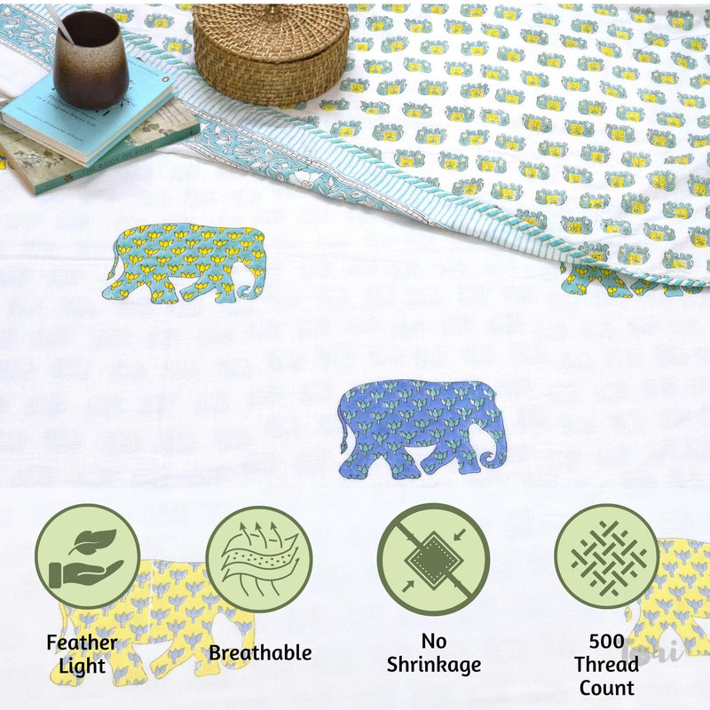 TOAIArt Jaipuri Dohar Quilt for Summer Hand Block Printed 3 Layers Reversible 100% Mulmul Cotton Flannel Filling Single Size 60” X 90” Elephant (White Blue Green Yellow)