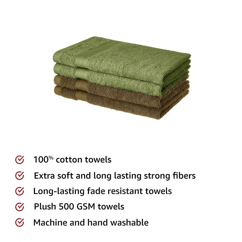 Amazon Brand - Solimo 100% Cotton 4 Piece Hand Towel Set, 500 GSM (Sepia Brown and Olive Green)