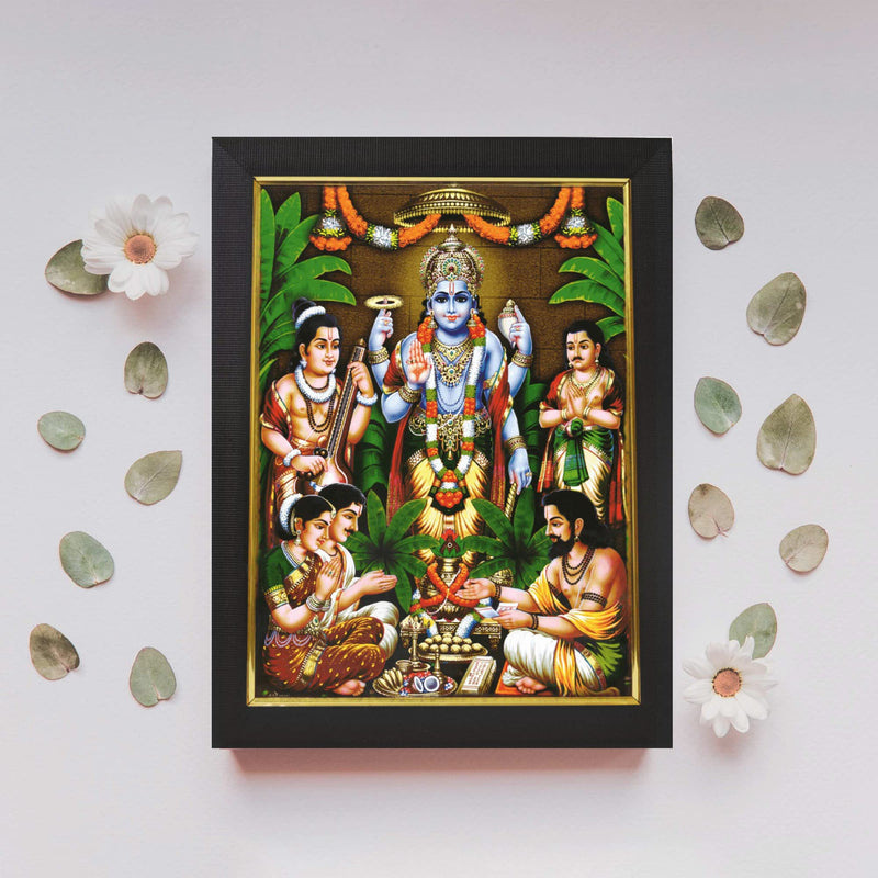 101Temples - Divinity Eternity Spirituality Satya Narayana Swamy wood god Photo Frame for pooja room with Wall Hook, 1 Piece | 10” x 13”, Matt Finish
