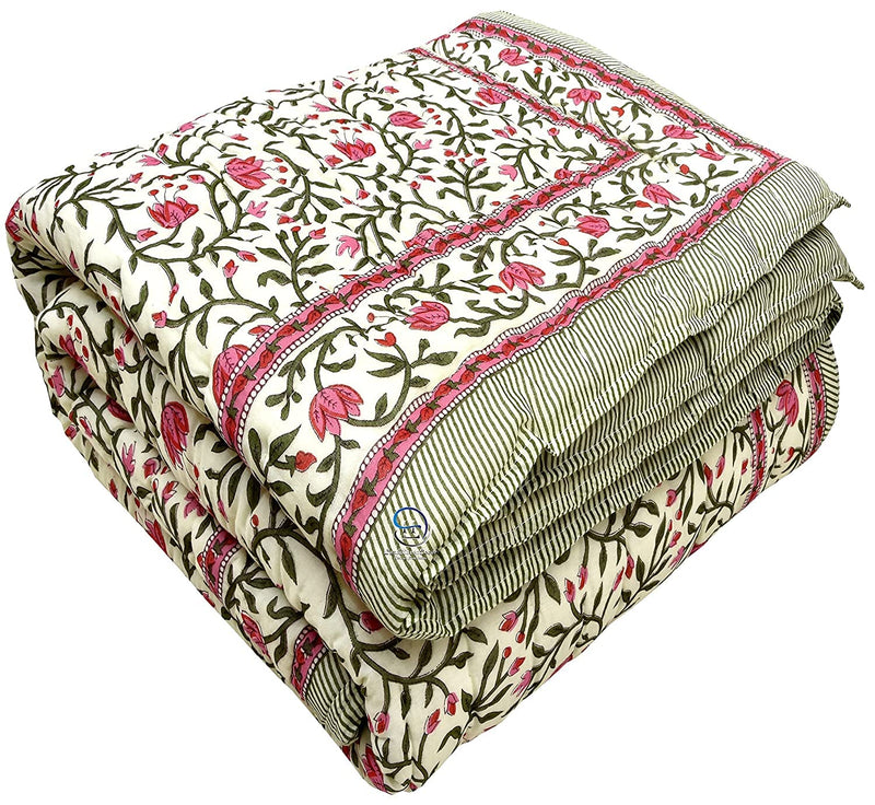 WORLDNEX 400 TC Pure Cotton Double Bed Soft Jaipuri AC Quilt/Razai/Rajai Floral Print,Jaipuri razai Double Bed for Winter Printed,(Pink & Green, 85 x 100 inch, Double Bed)