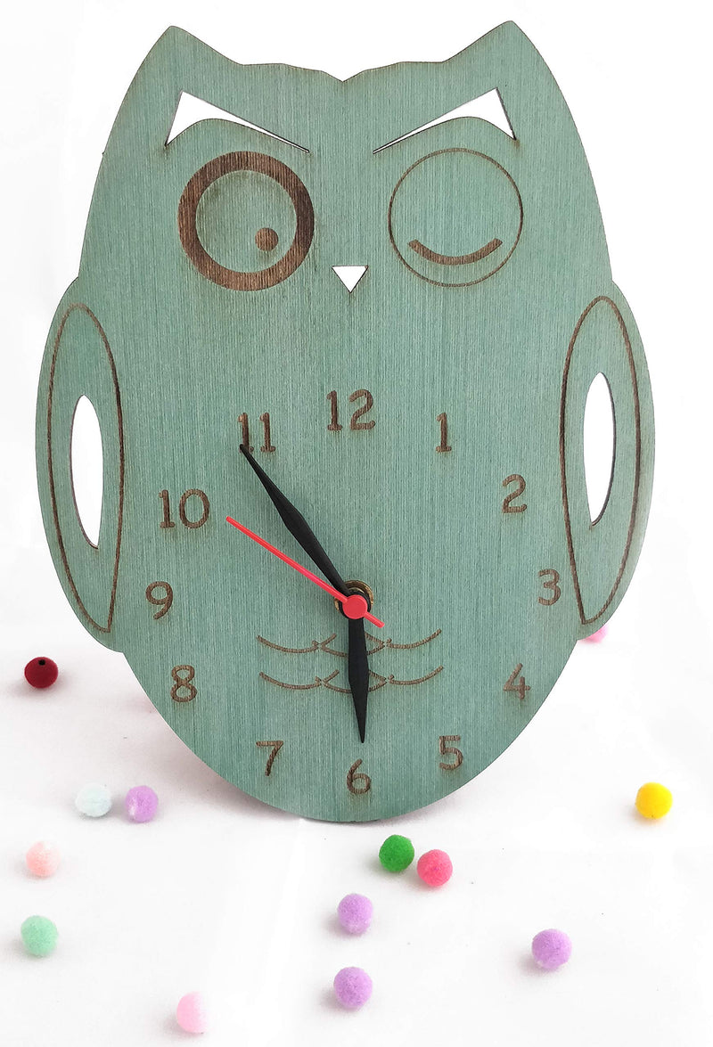 IVEI Wooden Owl Shaped Laser Cut Desk Organizer Modern Decor Engraved Mini Table Clock for Gifting (Green, aqua)