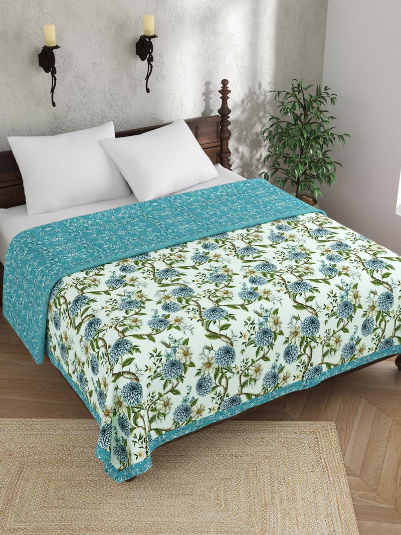 EVER HOME Digital Print Reversible AC Dohar Double Bed Cotton for Summer 120 GSM, Mild Winter Blanket, Blue & Green Floral 88 x 100 inches