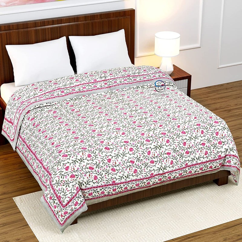 WORLDNEX 400 TC Pure Cotton Double Bed Soft Jaipuri AC Quilt/Razai/Rajai Floral Print,Jaipuri razai Double Bed for Winter Printed,(Pink & Green, 85 x 100 inch, Double Bed)