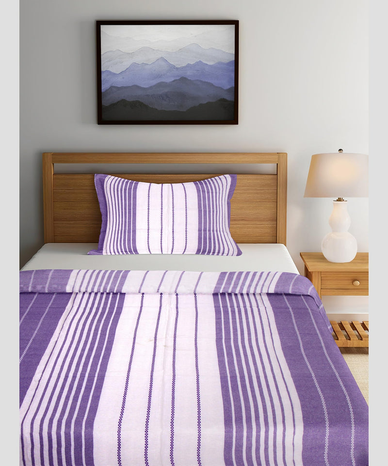 Saras Aajeevika|Handmade Cotton Single Bed Sheet|White Violet Line|310 GSM|Hand Block Print|Luxury Soft Sheets|90x60 inches|White Violet Line|0.668 Grm