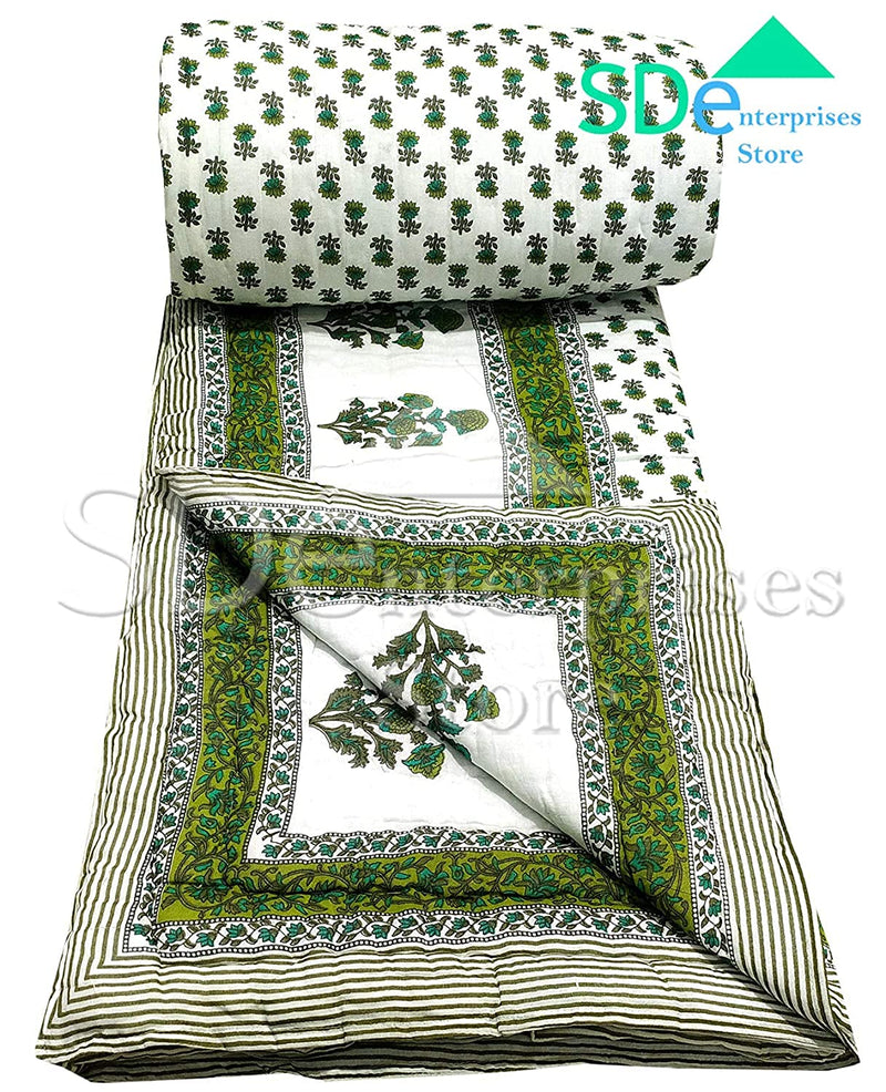 Chhaarodiya Rajasthani Traditional Cotton razai/rajai/ac Blanket with sanganeri Green booti Print Double Bed Jaipuri Quilt Blanket with Boarded Pattern Green and Off White 85 x 100