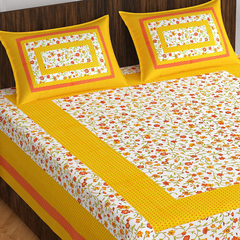 BedZone Cotton Rajasthani Jaipuri Traditional Floral King Size Double Bed Bedsheet with 2 Pillow Covers (Yellow)