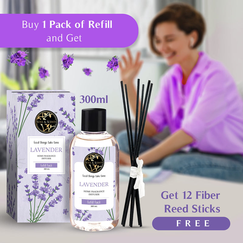 Soul & Scents Reed Diffuser Refill for Lavender Fragrance | Free 12 Fiber Reed Sticks | Long Lasting | Smoke Less Room Freshener for Home, Bedroom, Living Room & Office | 300ml