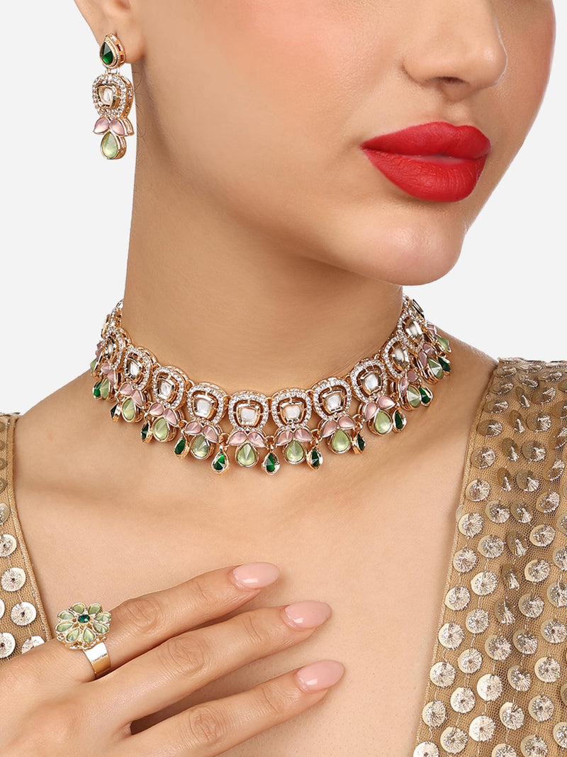 ZAVERI PEARLS Green Pink Stones Austrian Diamonds Embellished Choker Necklace Earring & Ring Set For Women-ZPFK17672