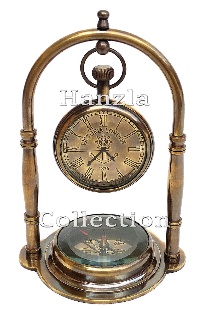 Hanzla Collection Nautical Clock Ship Table Clock Brass and Glass Desk Clock Maritime Compass with Antique Victoria London Pocket Watch, Brown, 3.5 x 3 x 5.5 Inches