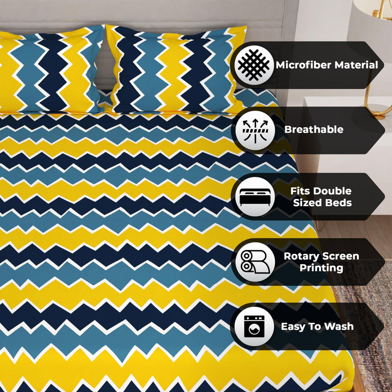 BEDSPUN-Microfiber Bedsheet for Double Beds with 150 TC, Double - Queen Size Bedsheet & 2 Pillow Covers (Chevron, Blue and Yellow)