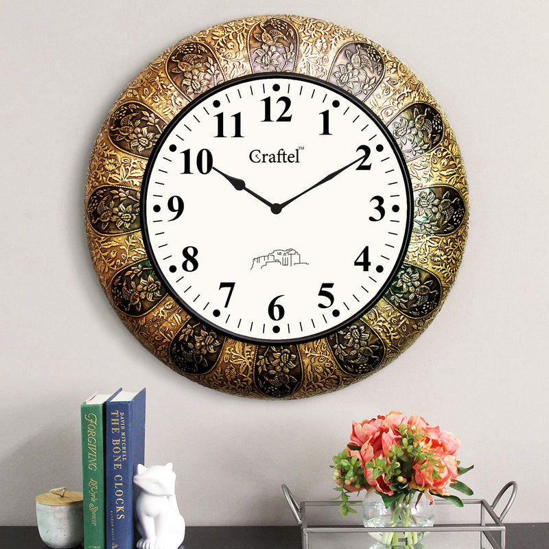 Craftel Brass Analog Clock English Number Wall Clock for Living Room Home (Antique Gold) 18 Inches