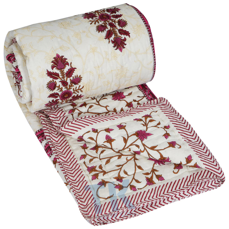 THROW KING World Famous Rajasthani Jaipuri razai Pure Cotton Single Bed Jaipuri Razai Soft AC Quilt/Razai/Rajai Floral Print,Jaipuri razai (90 x 60 inch) (Maroon)