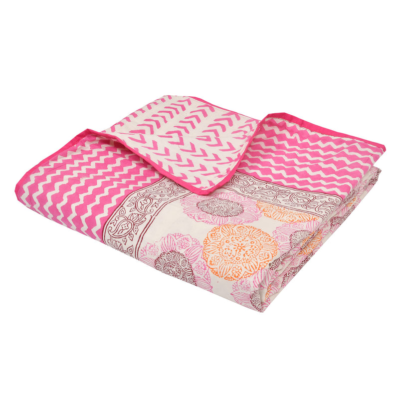 BLOCKS OF INDIA Hand Block Geometric Printed Cotton Reversible Malmal Dohar for Summer (Pink & Orange, Single Size)