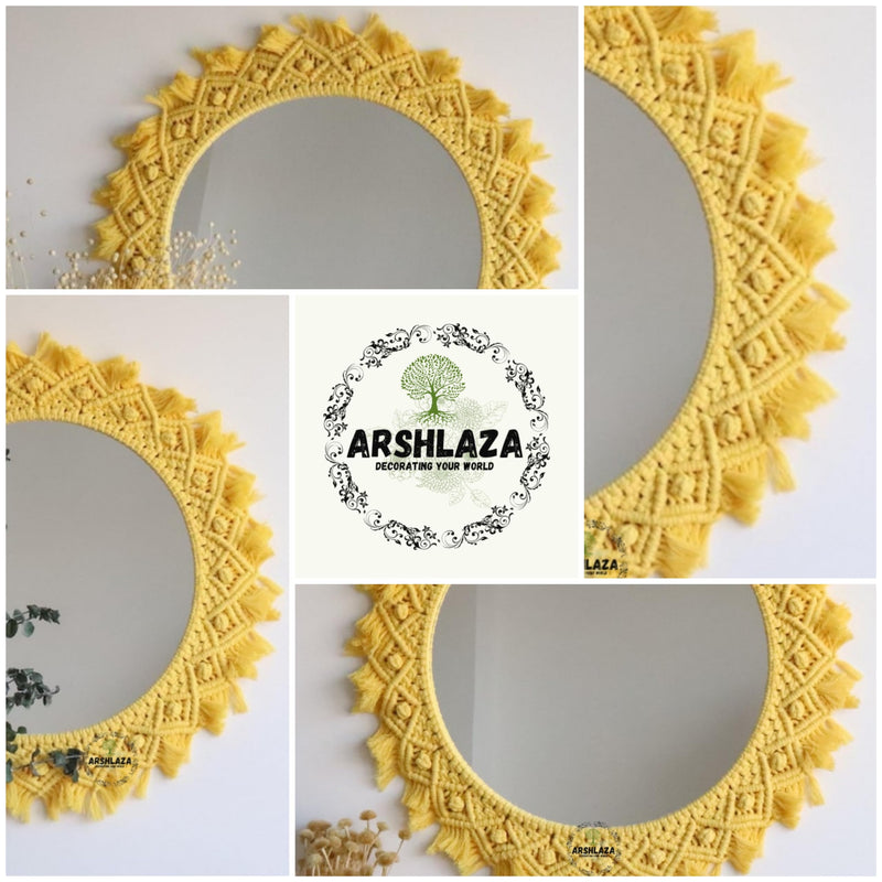 ARSHLAZA Macrame Hanging Wall Mirror with Macrame Round Mirror Art Boho Decor [MYELLOW1] Framed, Off-White