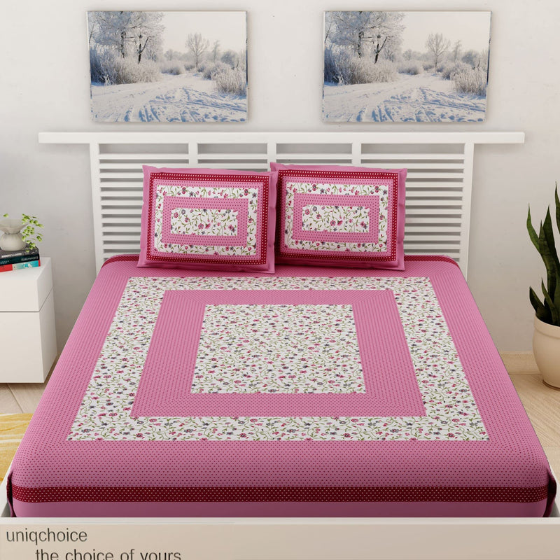 UniqChoice Floral Japuri Printed| 120 TC |100% Cotton |Double Bedsheet| Bedsheet with 2 Pillow Cover| Pink