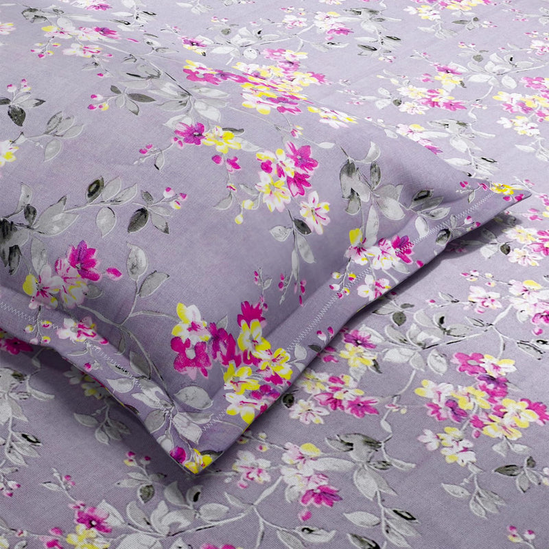 haus & kinder 100% Cotton Queen Size Bedsheet for Double Bed, 1 Cotton Bed Sheet Double Bed (90 X 100 Inches) with 2 Pillow Covers | 186 TC Bed Sheet Double Bed Cotton Chic Floral Art (Violet Grey)