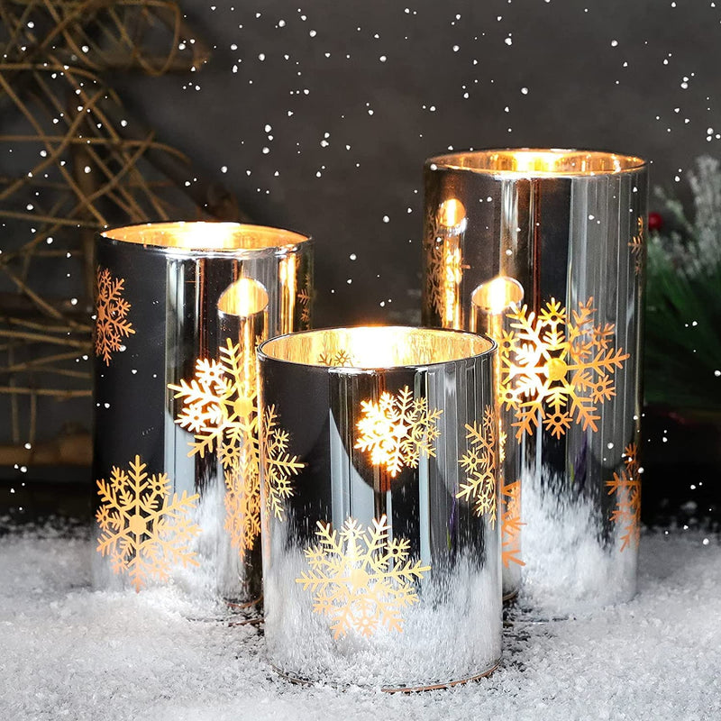 Aaviado® LED Flameless Snowflake Mirror Glass Candles Faux Wick Flickering AA Battery Pillar Candle Set of 3 with Remote Controller 4" 5" 6" for Christmas New Year Home Decor