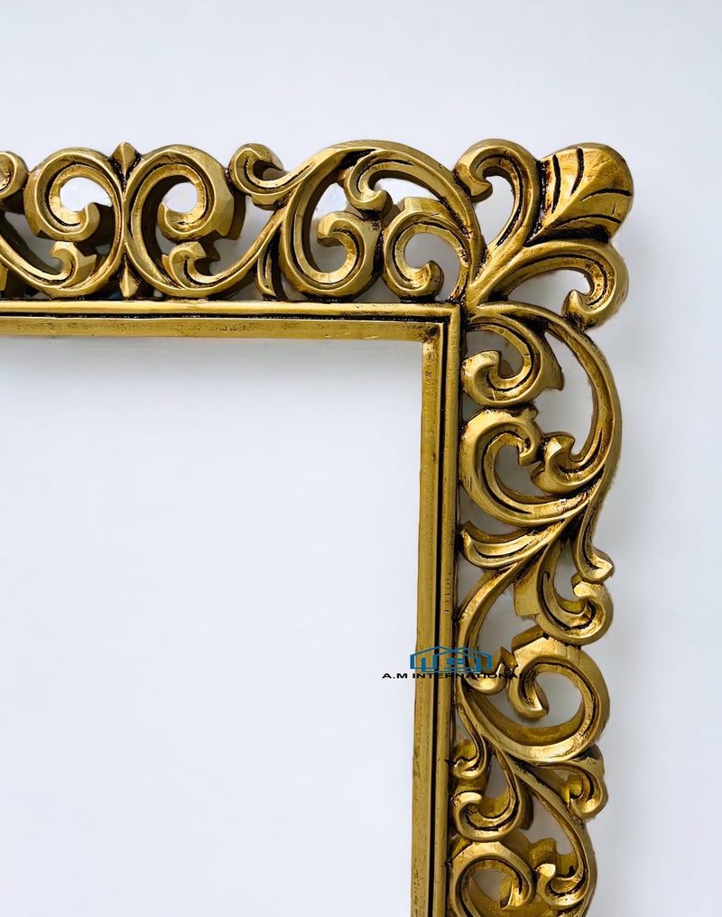 A.M INTERNATIONAL Wooden Carved Mirror Frame | Wooden Antique | Wall Hanging Mirror | Wooden Mirror Jharokha | Solid Wood | Horizontal, Vertical,Rectangular Without Mirror (4 * 2.5FT Antique Gold)