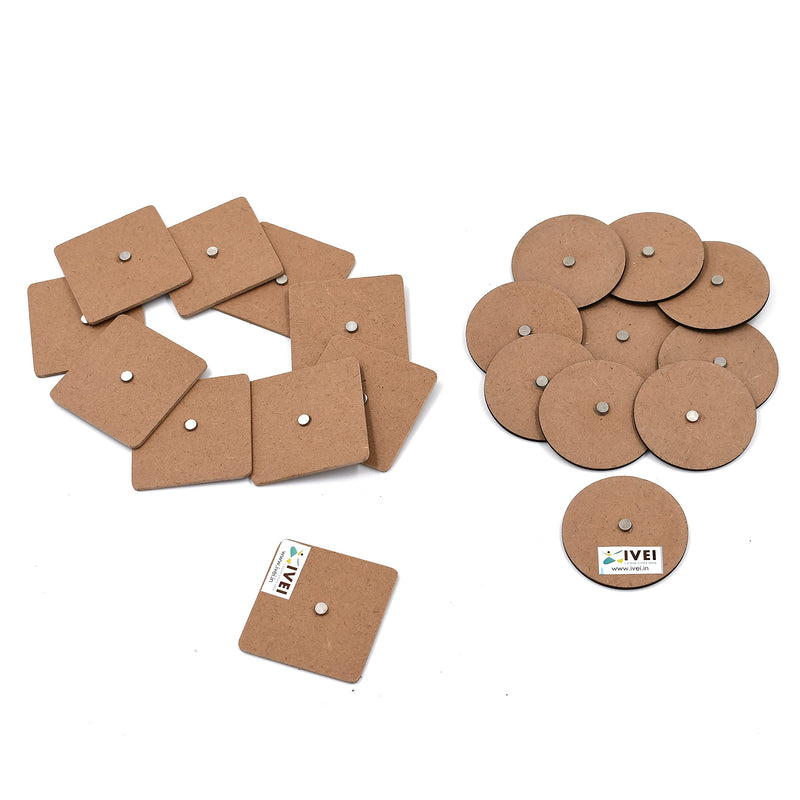 IVEI MDF Wooden Magnets - Square & Round Shaped - Plain MDF Fridge Magnet Blank Cutouts - Magnets for Painting, Wooden Sheet Craft Board for Resin Art & Fluid Art, Mandala Art, Pyrography - Set of 20