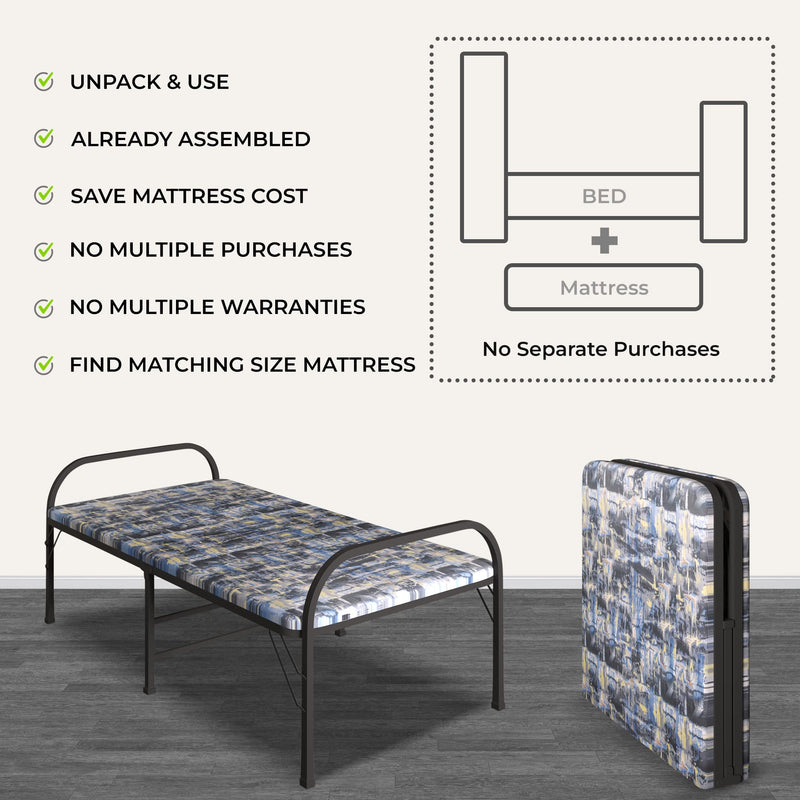 FURNIMAX Metal Folding Bed Foam Mattress Included | Folding Style No Assembly Required Easily Storable Cold Rolled Coil (CRC) Mild Steel Pipe (Multicolor - 2 Years Warranty)