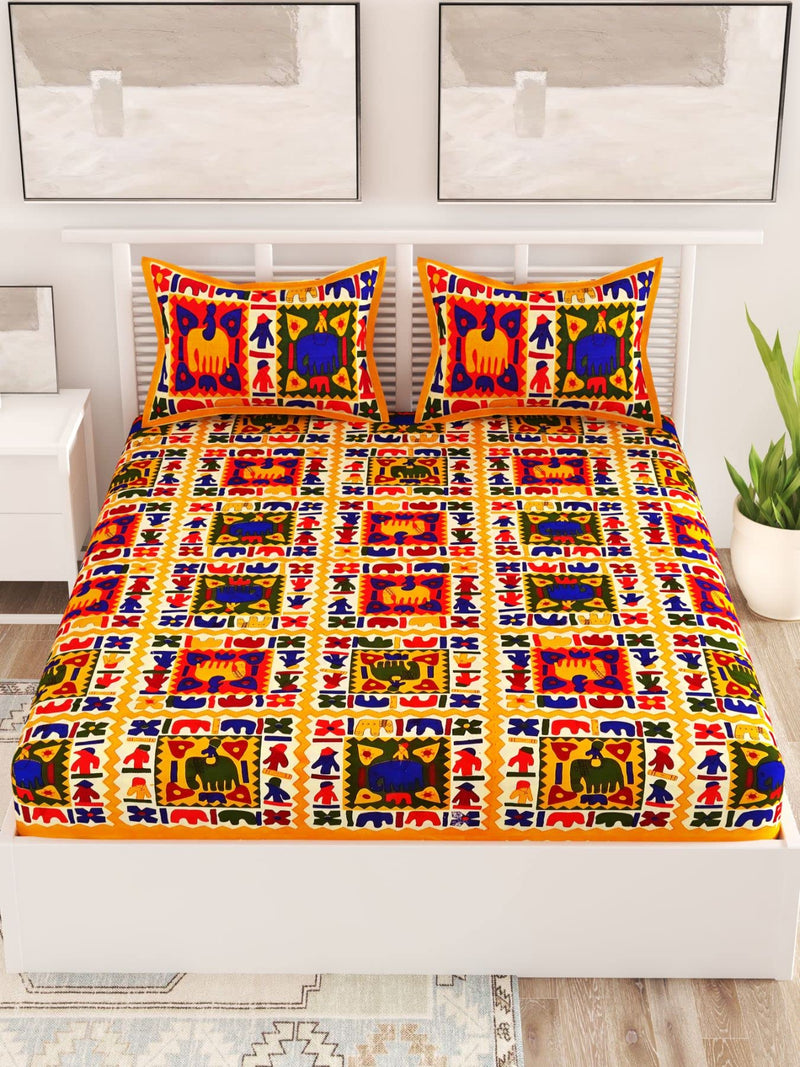 UniqChoice® Yellow Color Rajasthani Traditional Printed 120 TC 100% Cotton Double Bedsheet with 2 Pillow Cover