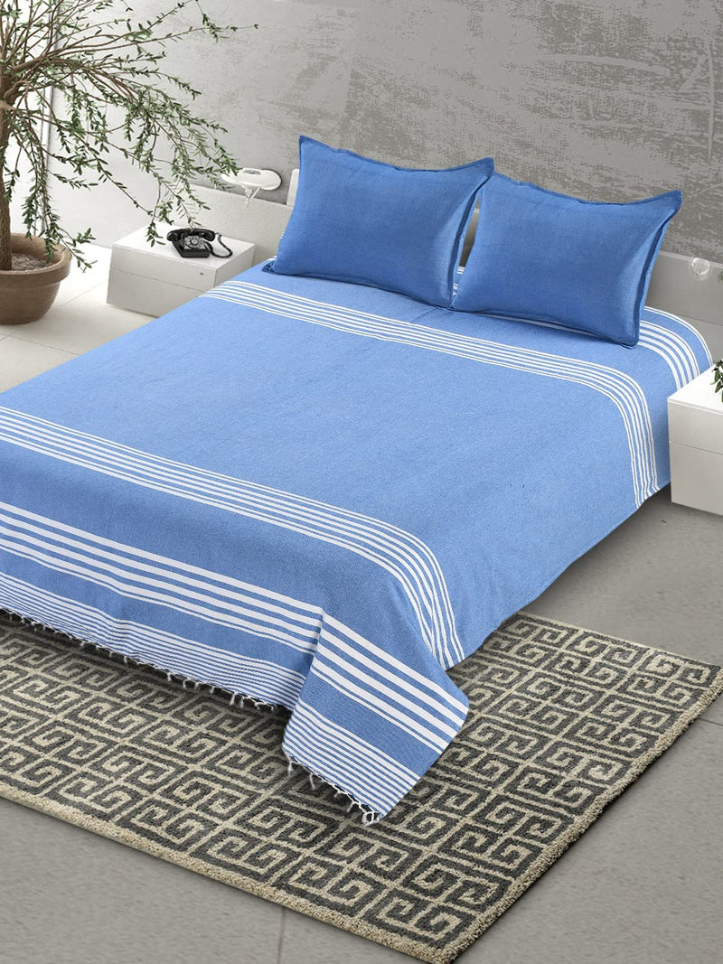 Saral Home Cotton Striped King Size Bedsheet with 2 Pillow Covers (Blue 100X108 Inch)