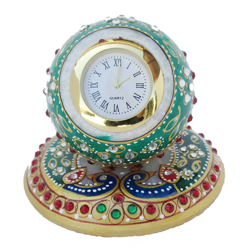 R&M RM Marble Round Table Clock | Traditional Decor Clock| Rajasthani| Minakari Work Clock for Home Decoration Festive Season Gift Christmas New Year Gift