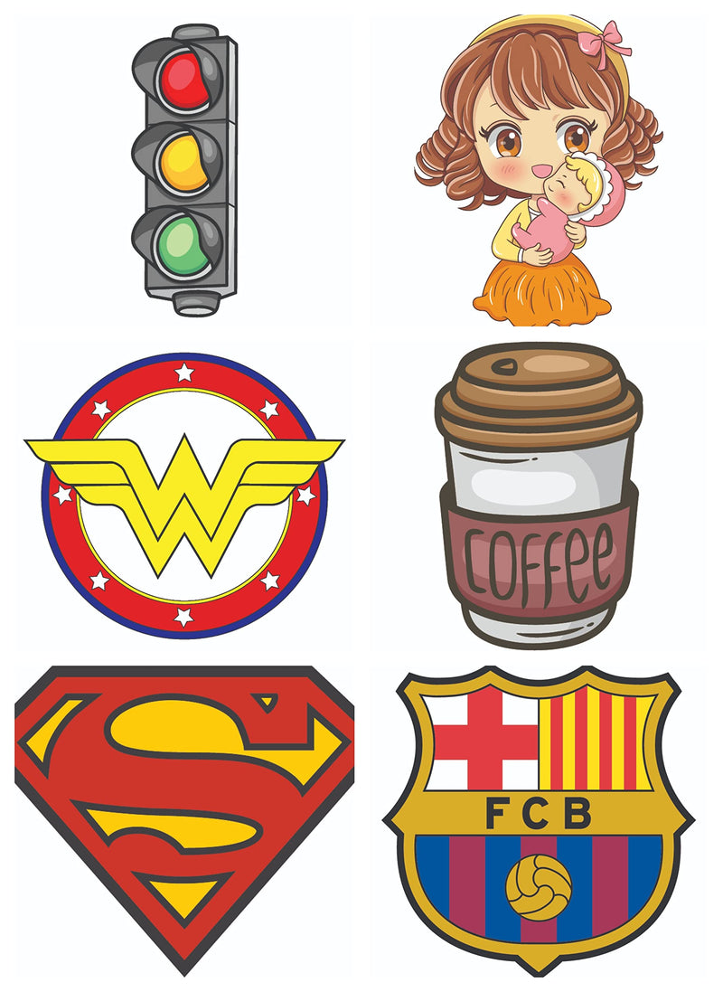 Bhai Please Traffic Lights, Mom and Baby, Wonder Woman, Coffee Can Brown, Superman and FC Barcelona Wooden Fridge Magnet (Pack of 6 pcs, one pc Each Design)