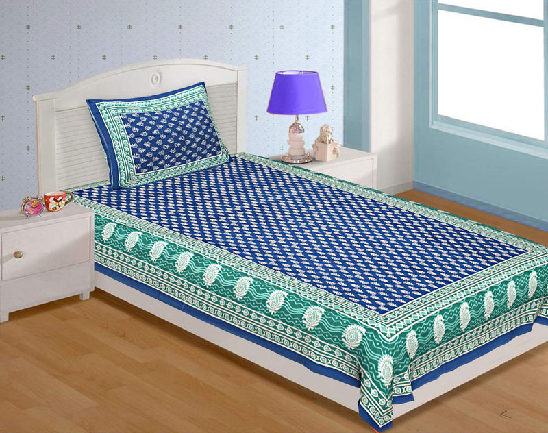 BedZone 180 TC Cotton Single Bed Sheet with One Pillow Cover - Blue