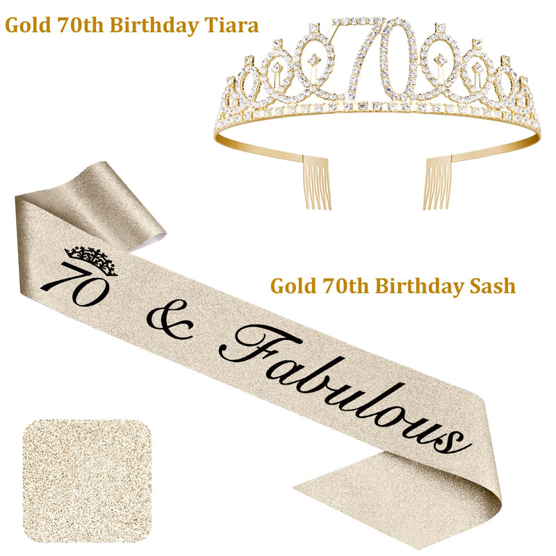 70th Birthday Decorations Gifts for Women Including 12oz Wine Tumbler Coffee Mug, 70th Birthday Crown and Sash, 70 Birthday Candles and Cake Topper, 70th Birthday Gifts Idea (Gold White)