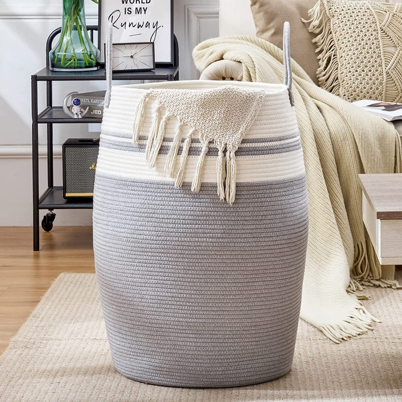 ☆LBY® ute Laundry Hamper Woven Rope Large Clothes Hamper 25.6" Height Tall Laundry Basket with Extended Handles for Storage Clothes Toys in Bedroom, Bathroom, Foldable (White Gray)