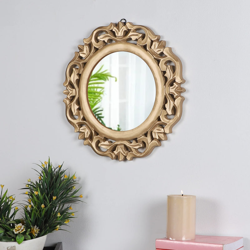 THE URBAN STORE Decorative & Hand Crafted Round Shape Wall Mount Wooden Mirror In Rich Gold Finish (Gold)