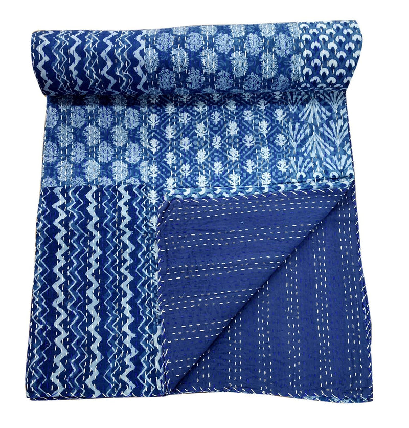 Kirti Textiles and Handicraft Indigo Patch Work Cotton Handmade Block Print Kantha Blanket (Blue, 90x108 Inch)