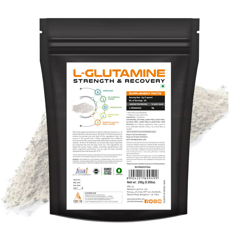 AS-IT-IS Nutrition 100% L-Glutamine Powder, Pure 5g Amino Acid for Muscle Growth and Recovery, Intra & Post workout with easy Mixability - Unflavoured, Single Ingredient with Zero Adulteration - 250g (50 servings)