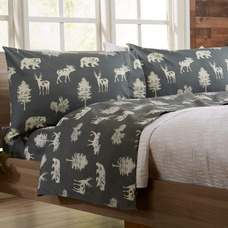 4-Piece Lodge Printed Ultra-Soft Microfiber Sheet Set. Beautiful Patterns Drawn from Nature, Comfortable, All-Season Bed Sheets. (Full, Forest Animal - Dark Grey)