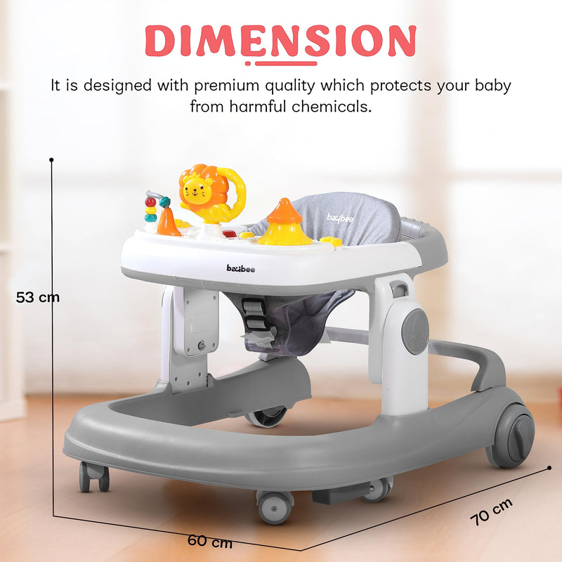 Baybee Astro 2 in 1 Baby Walker with 3 Adjustable Height & Wheel Lock | Round Activity Push Walker for Baby with Musical Toy Bar | 6-18months Kids Boy Girl (Grey)