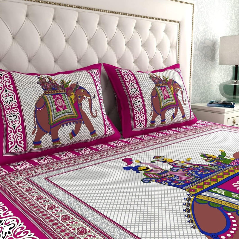 AC FASHION Rajasthani Jaipuri Sanganeri Printed 144 TC 100% Cotton Bed Sheet Set for Double Bed,Elephant Print, Double Bedsheet Cotton with 2 Pillow Covers